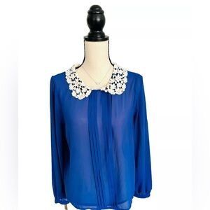 Women’s Royal Blue Lace Collared Chiffon Blouse Size: Medium